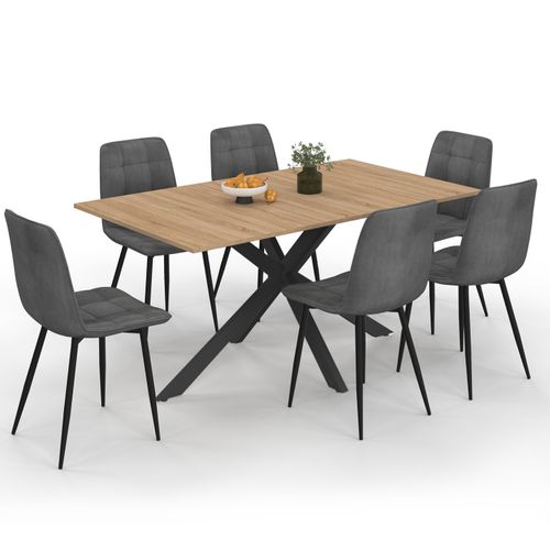 Ensemble Table à Manger Rectangle Alix 160 Cm Bois Et Noir Et 6 Chaises Mila En Velours Gris Foncé