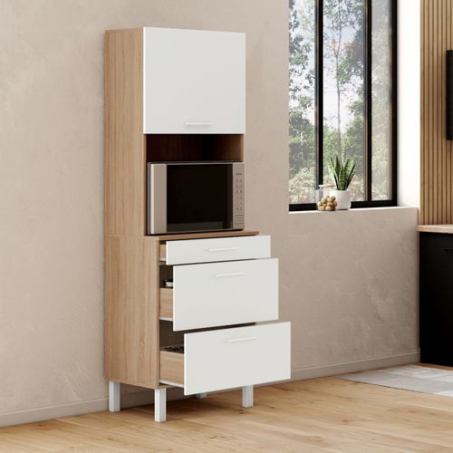 Colonne De Cuisine Micro-ondes Et Casserolier 60 Cm Cina 2 Portes Façon Hêtre Et Blanc