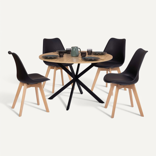 Ensemble Table à Manger Ronde Alix 110 Cm Bois Et Noir Et 4 Chaises Sara Noires