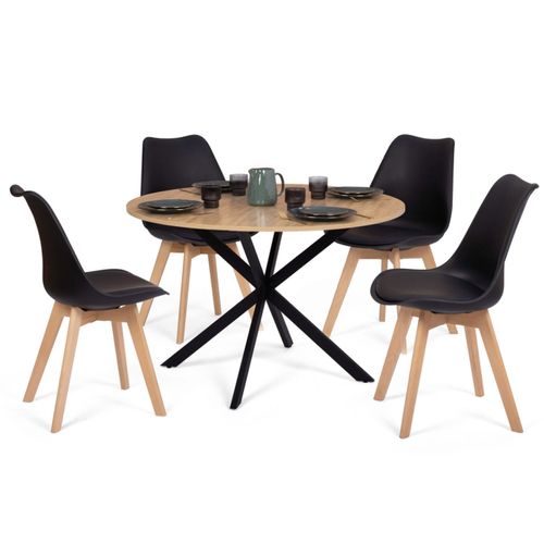 Ensemble Table à Manger Ronde Alix 110 Cm Bois Et Noir Et 4 Chaises Sara Noires