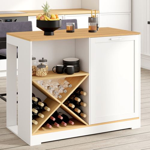 Table De Bar Îlot Vito 113 Cm Avec Range-bouteilles Bois Blanc Et Plateau Façon Hêtre