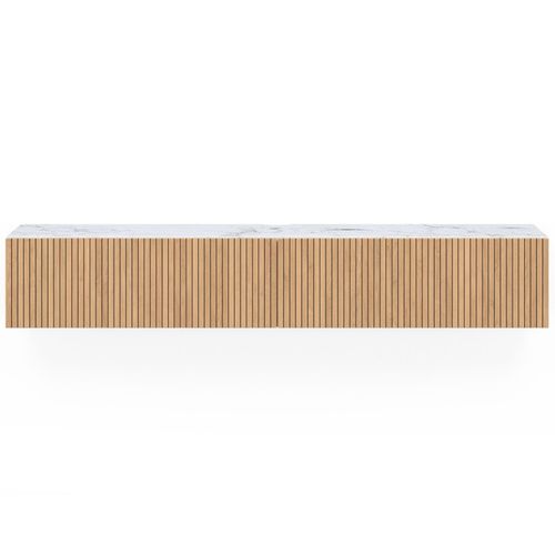 Meuble TV 180 Cm Suspendu Juliette 2 Portes Plateau Effet Marbre Lattes Tasseau Bois Coloris Chêne
