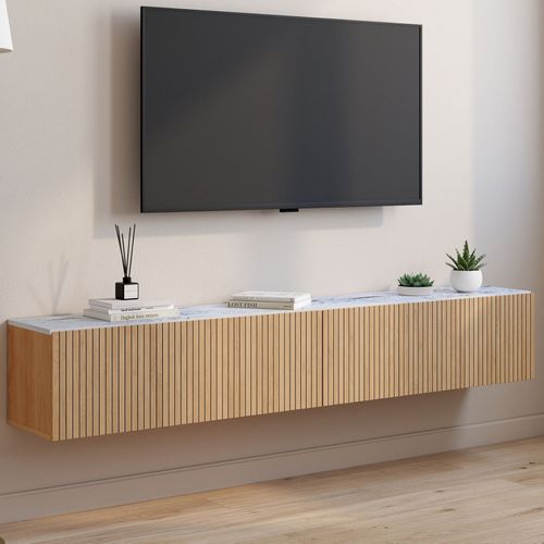Meuble TV 180 Cm Suspendu Juliette 2 Portes Plateau Effet Marbre Lattes Tasseau Bois Coloris Chêne