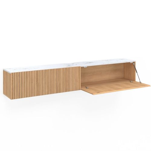 Meuble TV 180 Cm Suspendu Juliette 2 Portes Plateau Effet Marbre Lattes Tasseau Bois Coloris Chêne