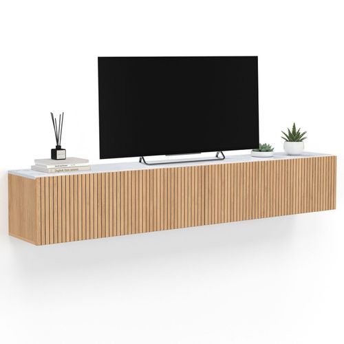 Meuble TV 180 Cm Suspendu Juliette 2 Portes Plateau Effet Marbre Lattes Tasseau Bois Coloris Chêne