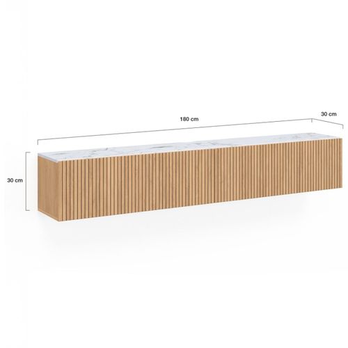 Meuble TV 180 Cm Suspendu Juliette 2 Portes Plateau Effet Marbre Lattes Tasseau Bois Coloris Chêne