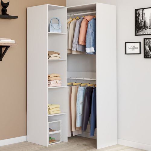 Dressing D'angle Modulable L. 90 / 127 Cm Melman Double Penderie + étagères Blanc