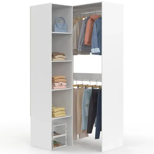 Dressing D'angle Modulable L. 90 / 127 Cm Melman Double Penderie + étagères Blanc