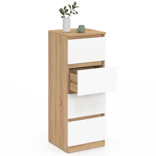Meuble D'appoint 4 Tiroirs Tomi 30 Cm Chiffonnier Bois Façon Hêtre Et Blanc Pour Entrée Salle De Bai