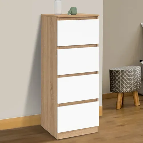 Meuble D'appoint 4 Tiroirs Tomi 30 Cm Chiffonnier Bois Façon Hêtre Et Blanc Pour Entrée Salle De Bai