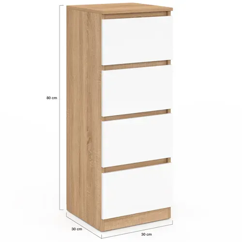 Meuble D'appoint 4 Tiroirs Tomi 30 Cm Chiffonnier Bois Façon Hêtre Et Blanc Pour Entrée Salle De Bai