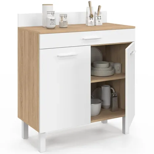 Buffet Bas De Cuisine 80 Cm Cina Plan De Travail H.83 Cm 2 Portes + Tiroir Façon Hêtre Et Blanc