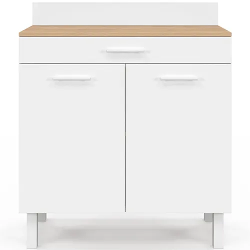 Buffet Bas De Cuisine 80 Cm Cina Plan De Travail H.83 Cm 2 Portes + Tiroir Façon Hêtre Et Blanc