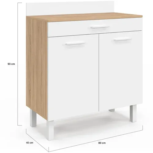 Buffet Bas De Cuisine 80 Cm Cina Plan De Travail H.83 Cm 2 Portes + Tiroir Façon Hêtre Et Blanc
