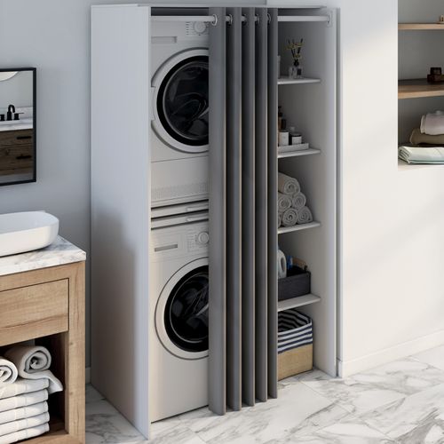 Meuble De Buanderie Double Machine à Laver Avec Rideau Coulissant Gris Wallis Blanc