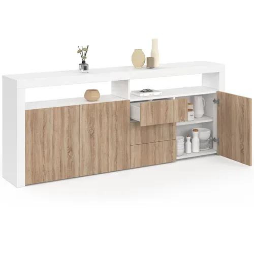 Buffet 180 Cm Elight XXL 3 Portes Et 3 Tiroirs Avec LED Et Niches Blanc Et Bois Façon Hêtre