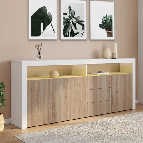 Buffet 180 Cm Elight XXL 3 Portes Et 3 Tiroirs Avec LED Et Niches Blanc Et Bois Façon Hêtre