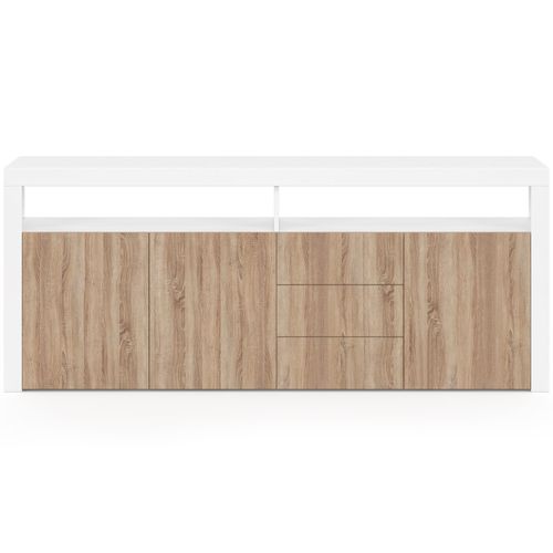 Buffet 180 Cm Elight XXL 3 Portes Et 3 Tiroirs Avec LED Et Niches Blanc Et Bois Façon Hêtre