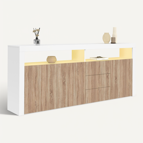 Buffet 180 Cm Elight XXL 3 Portes Et 3 Tiroirs Avec LED Et Niches Blanc Et Bois Façon Hêtre
