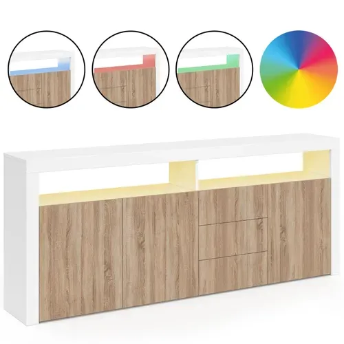 Buffet 180 Cm Elight XXL 3 Portes Et 3 Tiroirs Avec LED Et Niches Blanc Et Bois Façon Hêtre