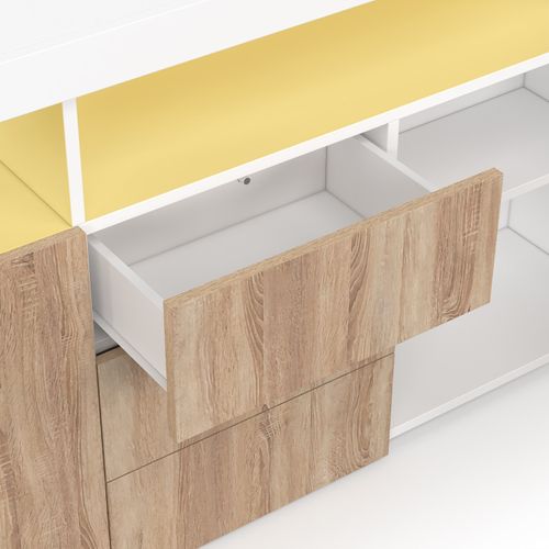 Buffet 180 Cm Elight XXL 3 Portes Et 3 Tiroirs Avec LED Et Niches Blanc Et Bois Façon Hêtre