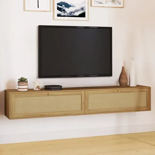 Meuble TV 180 Cm Suspendu Hanae 2 Portes Effet Naturel Cannage