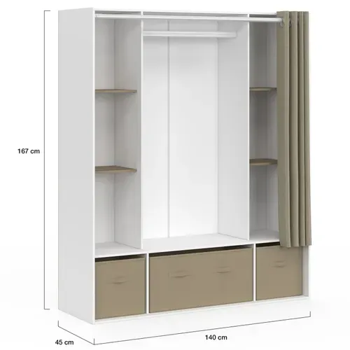 Dressing Double Penderie Diane 140 X 45 X 167 Cm Blanc Avec Étagères + Boites De Rangement + Rideau