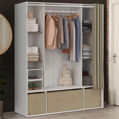 Dressing Double Penderie Diane 140 X 45 X 167 Cm Blanc Avec Étagères + Boites De Rangement + Rideau