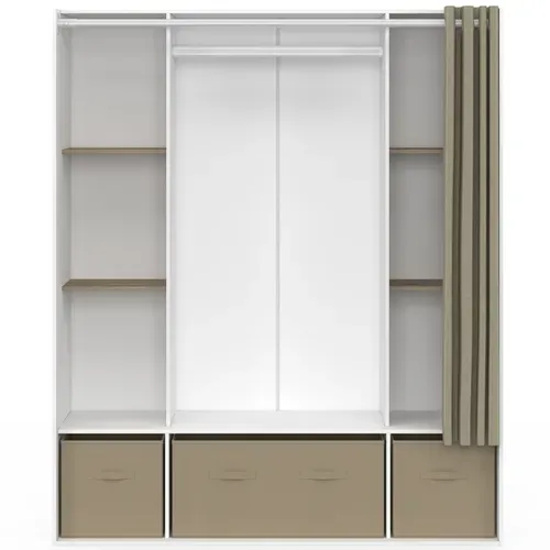 Dressing Double Penderie Diane 140 X 45 X 167 Cm Blanc Avec Étagères + Boites De Rangement + Rideau