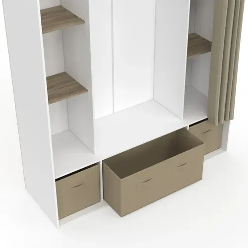 Dressing Double Penderie Diane 140 X 45 X 167 Cm Blanc Avec Étagères + Boites De Rangement + Rideau