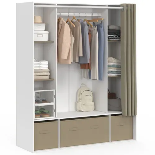 Dressing Double Penderie Diane 140 X 45 X 167 Cm Blanc Avec Étagères + Boites De Rangement + Rideau