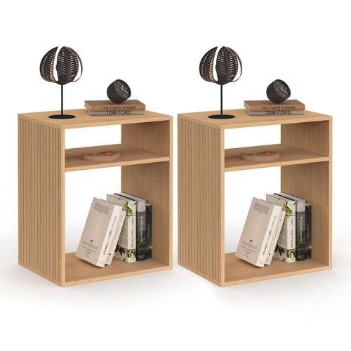Lot De 2 Tables De Chevet Nora Avec Rangements Ouverts Effet Lattes Et Bois
