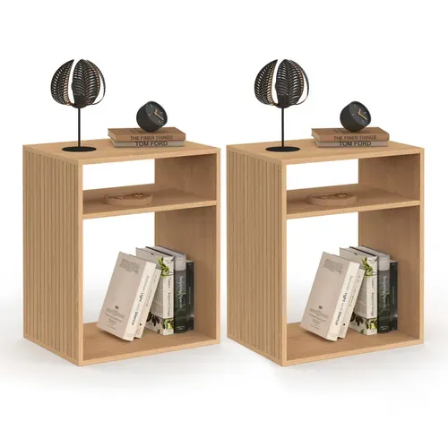 Lot De 2 Tables De Chevet Nora Avec Rangements Ouverts Effet Lattes Et Bois