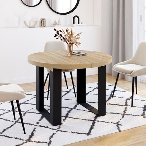 Table à Manger Extensible Ronde Phoenix 4-10 Personnes Bois Et Noir 110-200 Cm