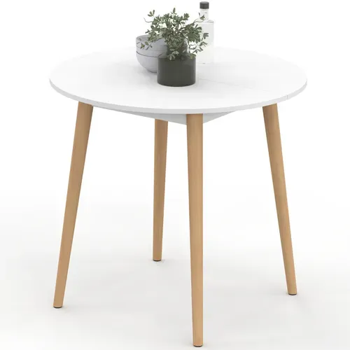 Table à Manger Fixe Ronde Angela 4 Personnes Blanc Pieds Bois 80 Cm