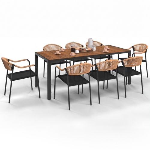 Salon De Jardin Madeira Table 190 Cm Et 8 Chaises Cordage Et Textilène Noir Et Rotin Clair