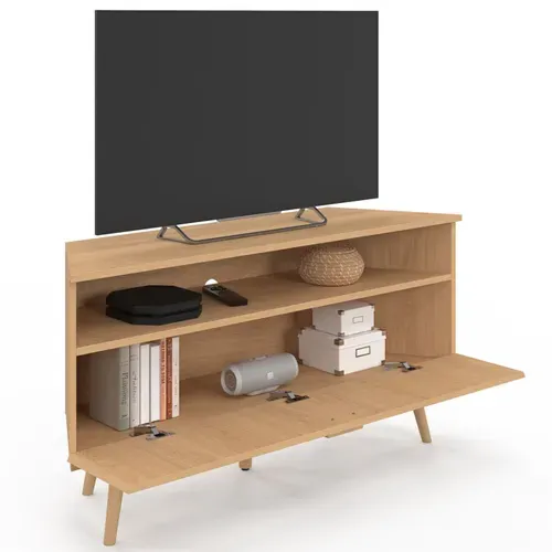 Meuble TV 110 Cm D'angle Juliette  1 Porte Effet Lattes Coloris Chêne
