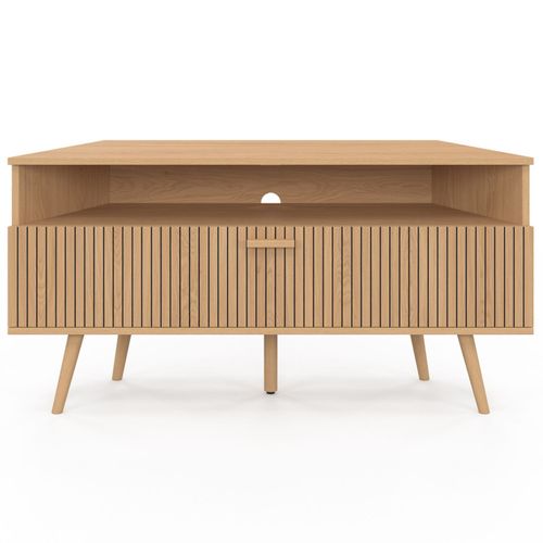 Meuble TV 110 Cm D'angle Juliette  1 Porte Effet Lattes Coloris Chêne