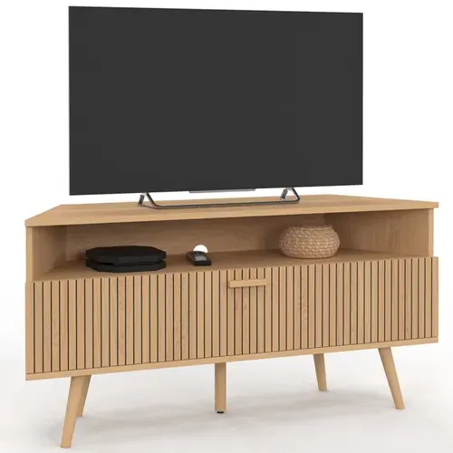 Meuble TV 110 Cm D'angle Juliette  1 Porte Effet Lattes Coloris Chêne