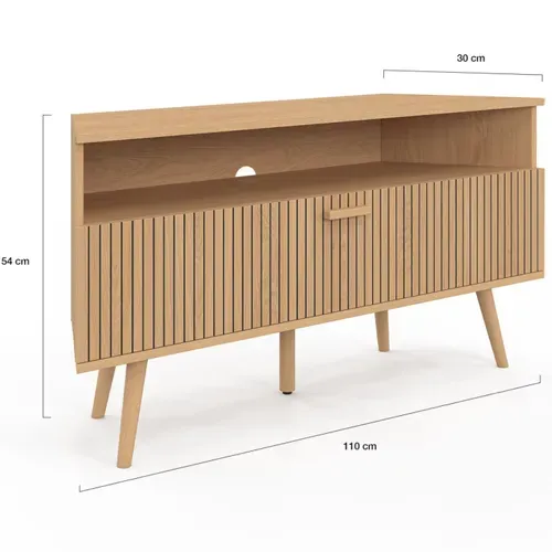 Meuble TV 110 Cm D'angle Juliette  1 Porte Effet Lattes Coloris Chêne
