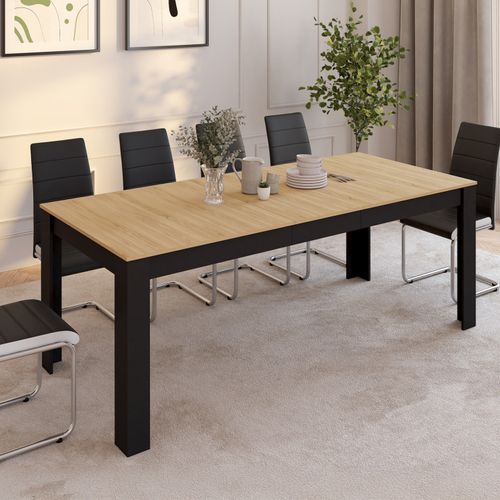 Table à Manger Extensible Rectangle Rozy 6-10 Personnes Noire Plateau Façon Hêtre 160-200 Cm