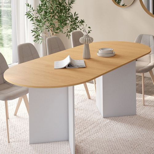 Table à Manger Extensible Ovale Marthe 6 -10 Personnes Bois Façon Hêtre Et Blanc 160-200 Cm