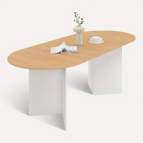 Table à Manger Extensible Ovale Marthe 6 -10 Personnes Bois Façon Hêtre Et Blanc 160-200 Cm