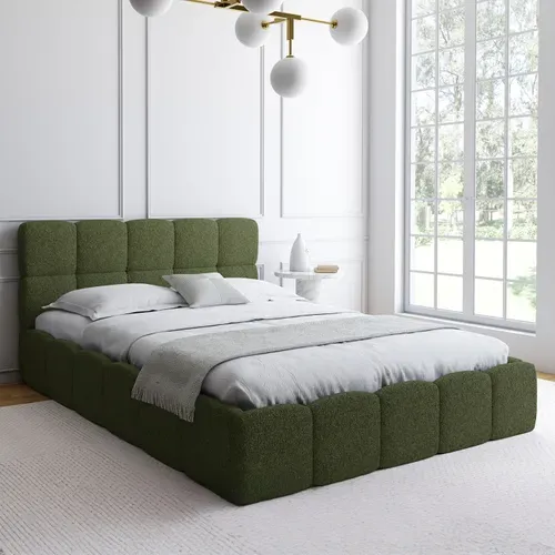 Lit Coffre Double Nuage Avec Tête De Lit Matelassée Et Sommier 140 X 190 Cm Tissu Bouclette Vert Kak