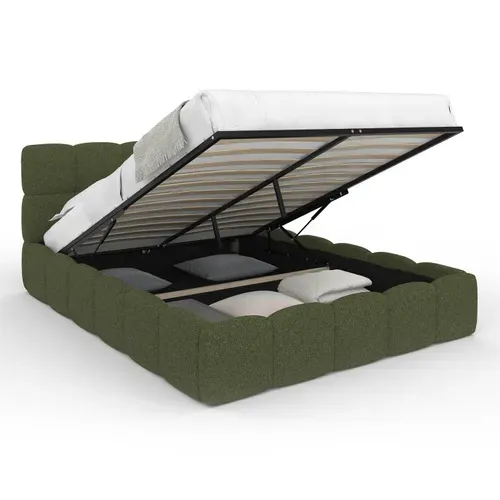 Lit Coffre Double Nuage Avec Tête De Lit Matelassée Et Sommier 140 X 190 Cm Tissu Bouclette Vert Kak