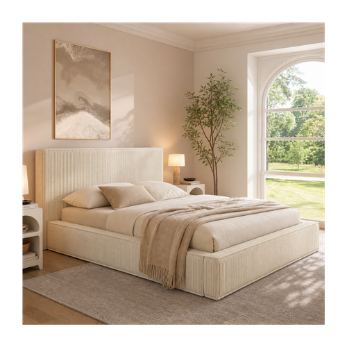 Lit Coffre Double Jade Avec Sommier 140 X 190 Cm Velours Côtelé Beige