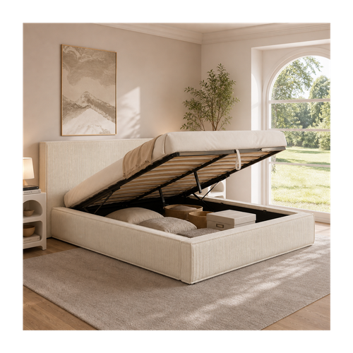 Lit Coffre Double Jade Avec Sommier 140 X 190 Cm Velours Côtelé Beige