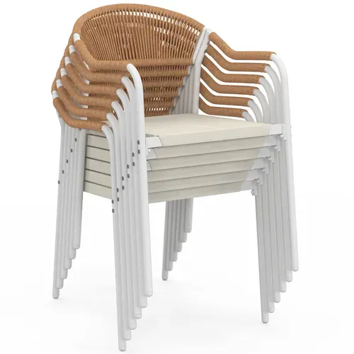 Lot De 6 Chaises De Jardin Madeira Métal Blanc Cordage Et Textilène Beige Et Rotin Clair