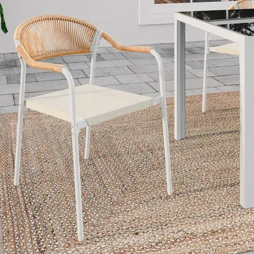 Lot De 6 Chaises De Jardin Madeira Métal Blanc Cordage Et Textilène Beige Et Rotin Clair