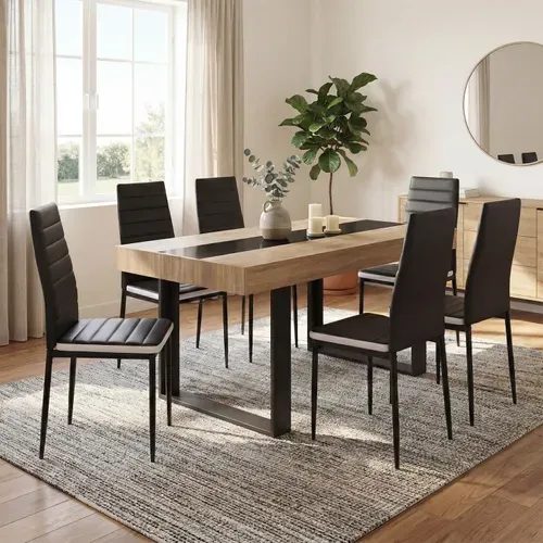 Ensemble Table à Manger Rectangle Phoenix Bois Et Noir Bande Centrale Noire 160 Cm Et 6 Chaises Roma